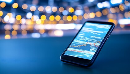 Smartphone displaying stock market data and graphs at night