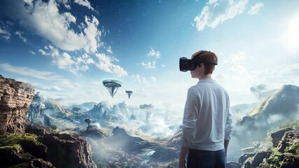 Exploring new realities: Young man immersed in virtual world with futuristic landscapes - Powered by Adobe