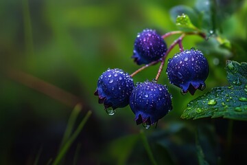 Dew-kissed blueberries cluster on branch. Lush green foliage surrounds