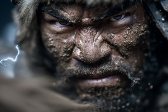 A powerful wild-eyed Mongol warlord in battle armor charging across a plain