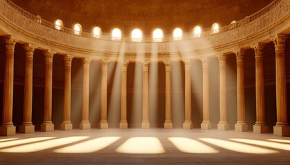 Obraz premium Sunbeams illuminate a grand, circular hall with columns and arched windows, creating a majestic atmosphere