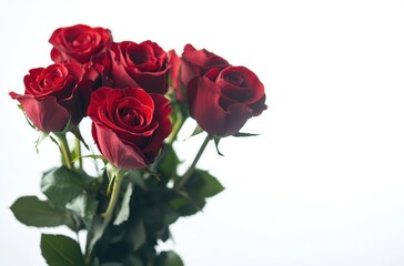 Fototapeta premium Elegant Arrangement of Fresh Red Roses with Green Leaves on a White Background, Ideal for Celebrations, Gifts, Weddings, and Home Decor