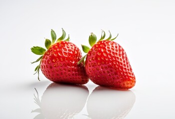 Two strawberries sitting on a white surface reflect