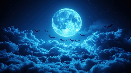 Full Moon with Bats Flying Over Cloudscape for Halloween Night