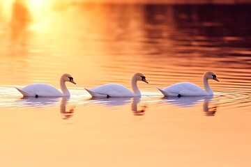 Three graceful white swans swim in a row on calm, golden sunset water