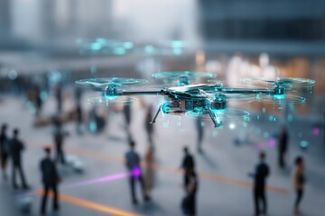 Obraz premium Drone captures urban activity with technology in a busy city environment during daylight hours