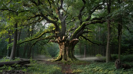 Obraz premium Ancient Mossy Oak Tree in Misty Forest Dawn
