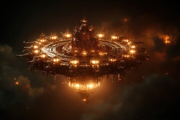Floating metallic structure illuminated by fiery lights against a dark backdrop in a science fiction setting