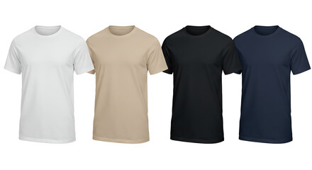 A set of four short sleeve t-shirts in white, tan, black, and navy blue are displayed on a grey background, ready for apparel design showcases.