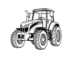 A detailed black and white tractor illustration for farm themes