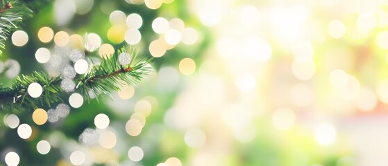 Obraz premium Festive Green Christmas Tree Branch with Soft Bokeh Lights