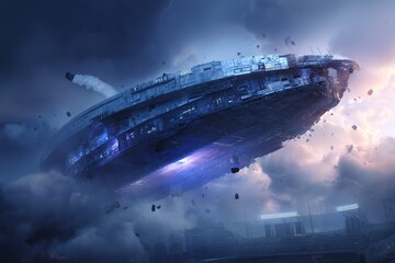 Obraz premium Mysterious flying saucer hovers over a futuristic city during twilight with clouds swirling around