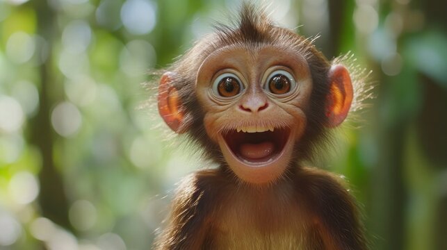 An adorable baby monkey with wide eyes and an open mouth, smiles cheerfully in a lush green jungle setting