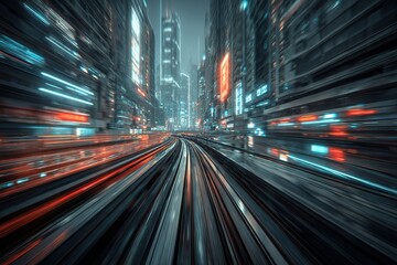 Fototapeta premium City transformation at night with vibrant lights illuminating the urban landscape and blurred train tracks