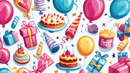 Festive party pattern with colorful treats and decorations.