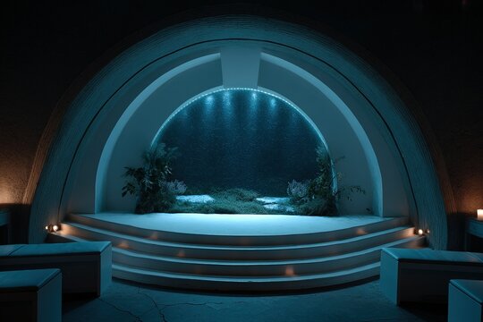 Modern underwater stage design in a dimly lit venue showcasing tranquil aquatic aesthetics