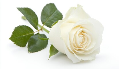 Fototapeta premium Elegant White Rose with Lush Green Leaves Isolated on Light Background Symbolizing Purity, Innocence, and Love in Floral Arrangements or Weddings