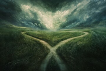 Dramatic, stormy sky above a grassy crossroads. Two paths diverge, creating a heart shape