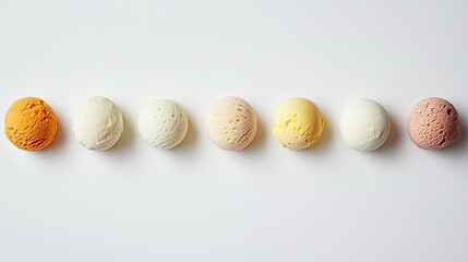 Assorted Ice Cream Scoops Lineup on White Background