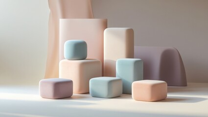 Stylish open office layout with modular seating, orange dividers, and a city skyline visible through glass walls