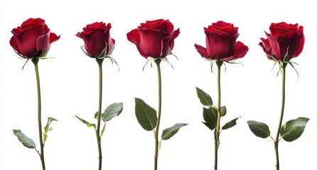 Five Elegant Red Roses in a Row on a Clean White Background Showcasing Natural Beauty and Graceful Charm for Floral Design and Decoration Ideas