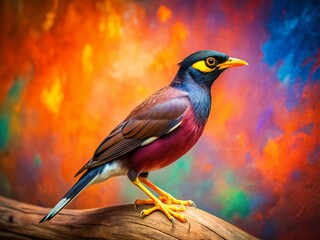 Mynah Bird on Vibrant Textured Background - Stock Photo