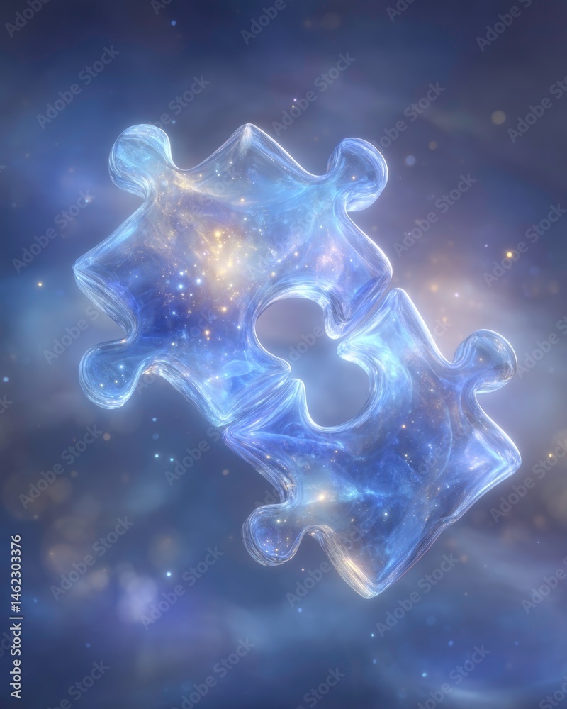 Wall mural two interlocking crystal puzzle pieces glow with cosmic nebulae design perfect for solutions and con