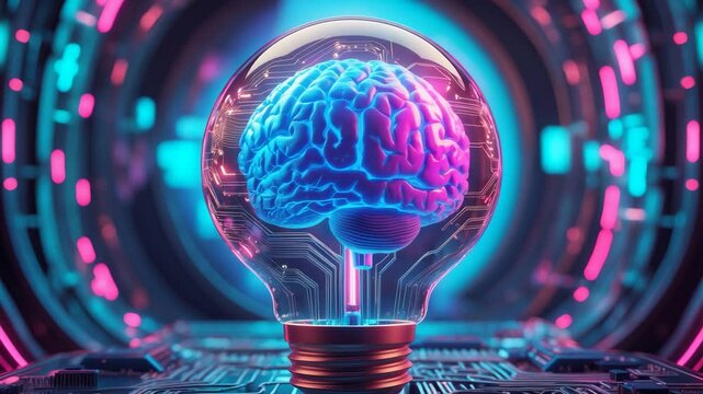 AI creates tools for modern innovation: Illustration of the brain inside a light bulb with circuit boards, depicting future global connectivity innovations to improve access to information and online