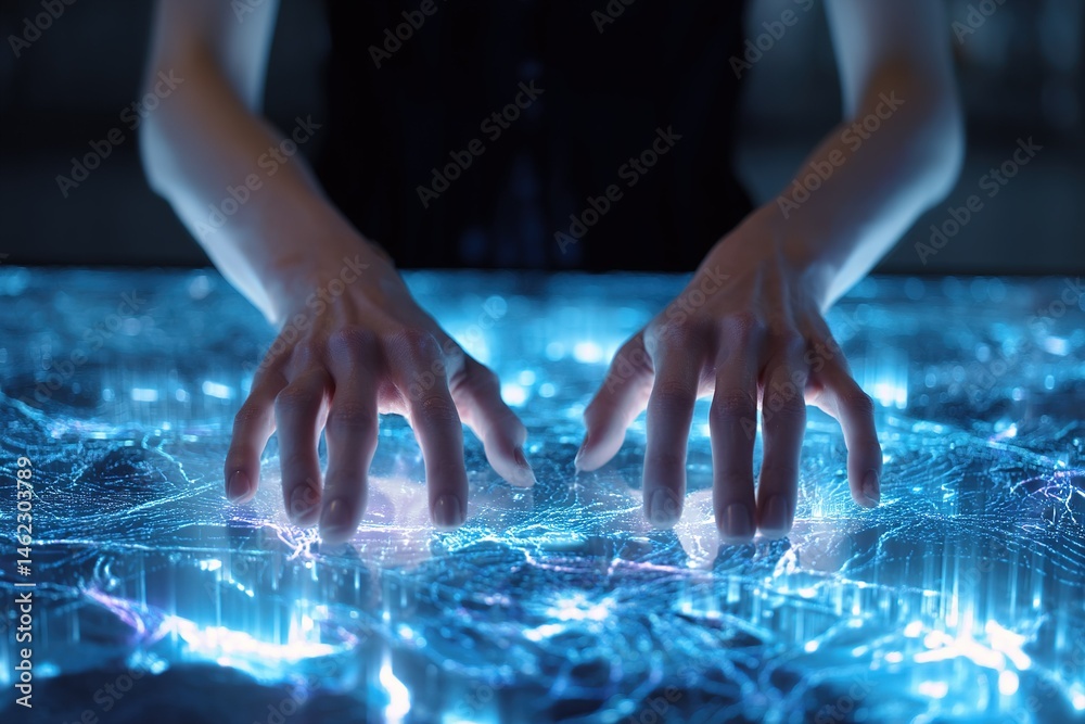 Poster hands interact with illuminated digital display showcasing intricate patterns and glowing effects at