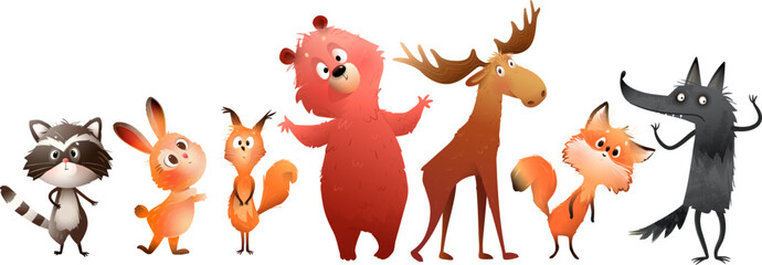 Cute woodland animals collection in a whimsical and quirky cartoon style. Funny forest wild animals character design for children. Vector forest creatures design for kids, isolated cartoon collection.
