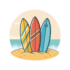 Three colorful surfboards are standing upright on the sand, ready for a day of surfing, with a transparent background   © RazuArts