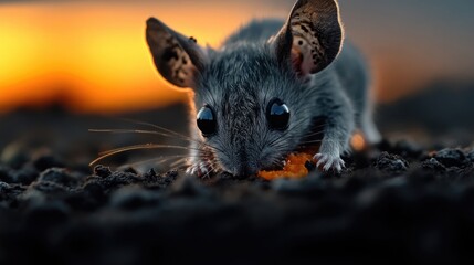 Close-up of a small gray rodent eating a piece of orange food outdoors at sunset