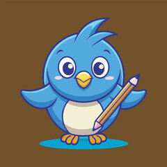 Adorable Blue Bird Vector Illustration with Pencil for School and Learning Concepts