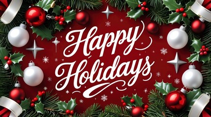 Happy Holidays Message with Ornaments and Pine Branches