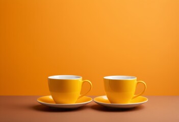 Two cups of yellow coffee sitting on the table against an orange background
