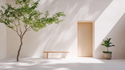 Minimalist, sun-drenched interior with natural elements