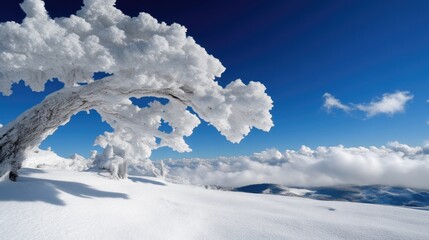 Winter wonderland scene with frosted branches on a snow-covered mountain