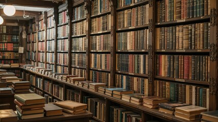 Obraz premium Antique Bookshelves Filled with Aged Volumes in a Dimly Lit Libr