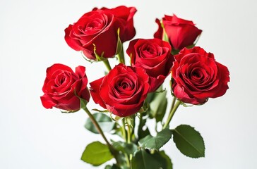 Fresh Red Roses in Bloom Surrounded by Green Leaves in a Beautiful Floral Arrangement on a Clean White Background