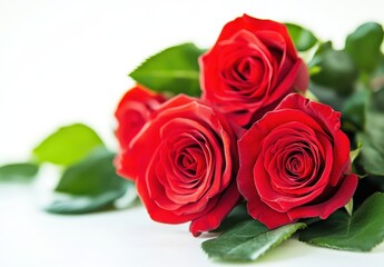 Fresh Red Roses with Green Leaves on a Light Background, Perfect for Celebrations, Gifts, and Romantic Occasions, Showcasing Nature's Beauty and Elegance