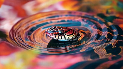 Watch a vivid snake gliding through crystal clear water. The artistic ripples enhance the magical scenery. Perfect for nature enthusiasts and creative projects. Generative AI