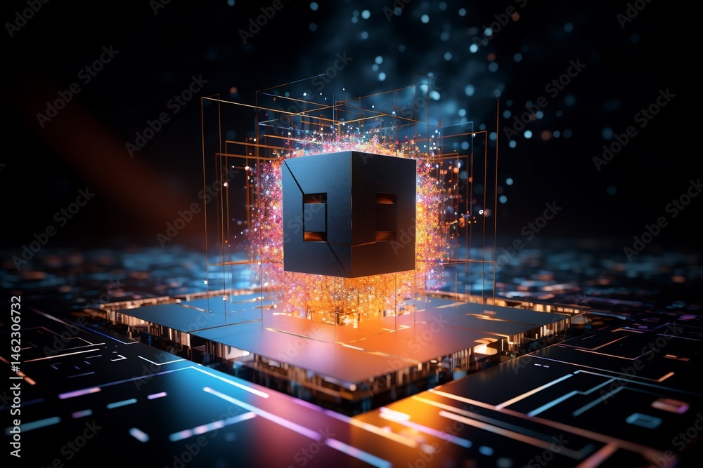 Poster abstract computational cube with glowing energy streams in a digital space