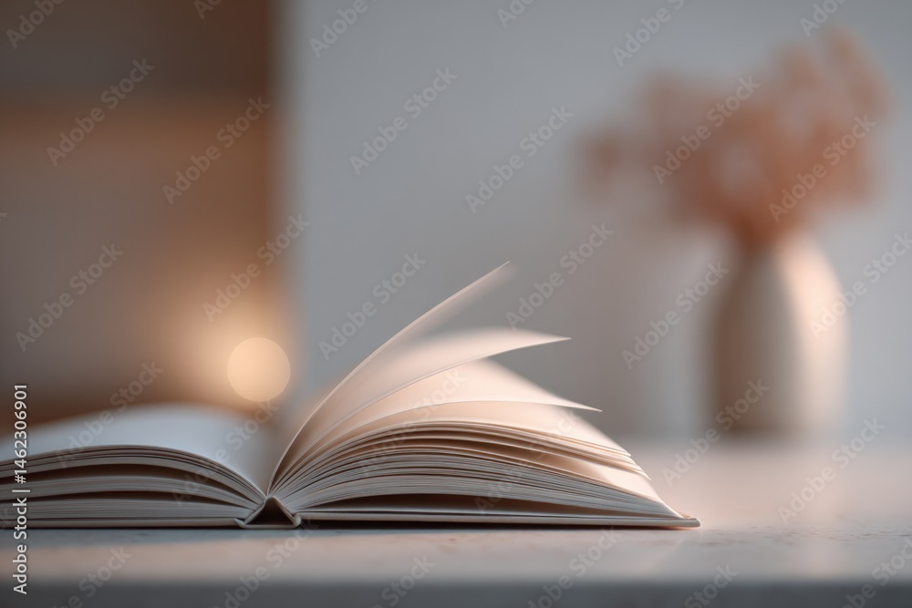 Aufkleber single notebook lies open on table with large copy space surrounding it and minimalistic decor in ba
