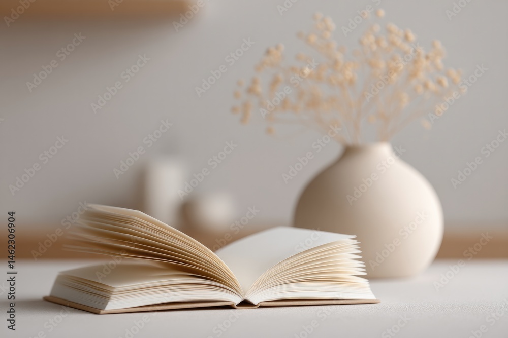Poster single notebook lies open on table with large copy space surrounding it and minimalistic decor in ba