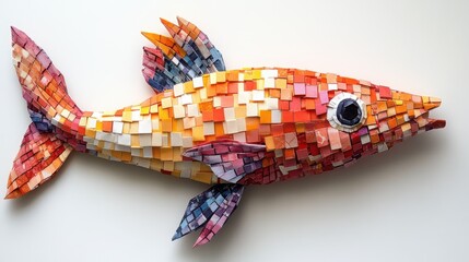 Fototapeta premium A pixel-art style origami fish made from small square colored papers, arranged in a digital-looking mosaic pattern
