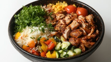 Fototapeta premium Delicious and Colorful Chicken Rice Bowl: A Healthy and Flavorful Meal