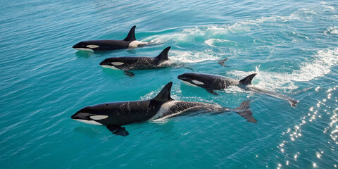 Obraz premium Pod of Orcas: Majestic Marine Predators Swimming in Blue Waters