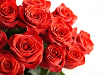Obraz premium Lush Red Roses Freshly Arranged in a Beautiful Bouquet with Soft Focus and Natural Lighting on a White Background for Romantic Occasions