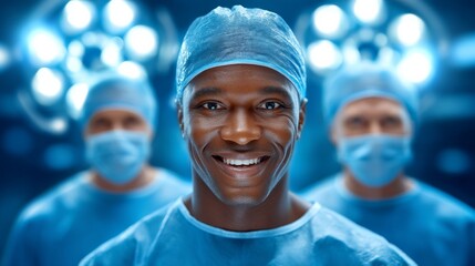 Smiling surgeon in operating room with colleagues in background