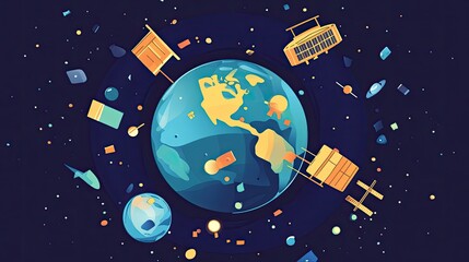 Planet Earth Surrounded by Space Debris and Colorful Satellites